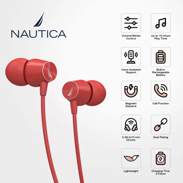 Nautica B310 Sport Wireless Bluetooth Earphones with TypeC Charging Cable Neckband Earphones Magnetic Earbuds Bluetooth v50 Earphones High Volume Levels Flexibility Portable Sweat Proof GrayRED