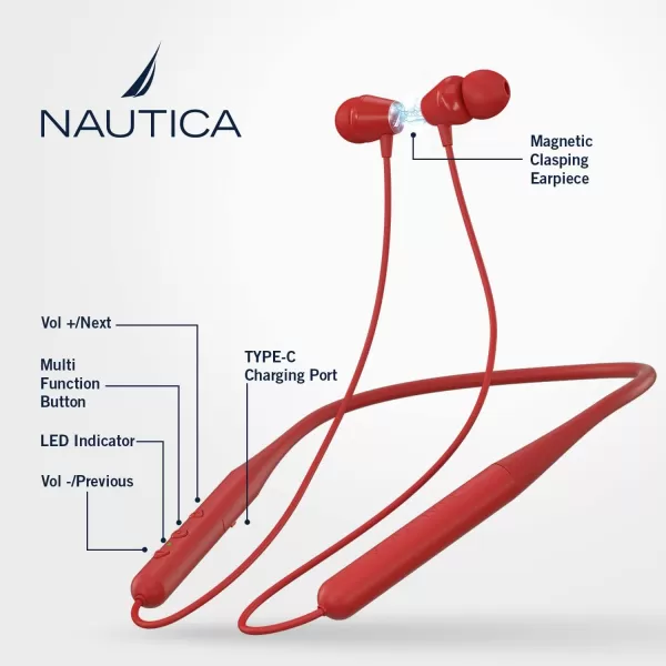 Nautica B310 Sport Wireless Bluetooth Earphones with TypeC Charging Cable Neckband Earphones Magnetic Earbuds Bluetooth v50 Earphones High Volume Levels Flexibility Portable Sweat Proof GrayRED