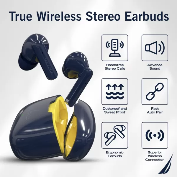 Nautica T200 True Wireless Stereo Earbuds Bluetooth v51 TWS inEar Earphones with Builtin Mic Wireless Bluetooth Earbuds with Charging Case Intelligent Touch control Ergonomic design  SweatProofNAVYYELLOW