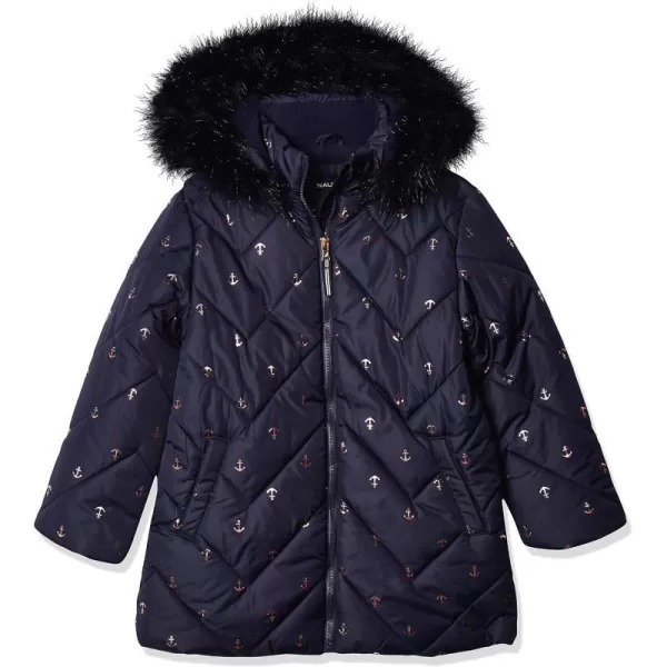 Nautica girls Heavyweight Hooded Winter Puffer Coat With Full Length ZipperPeacoat Chevron