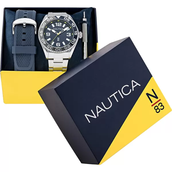 Nautica N83 Mens NAPFWS308 Finn World Stainless Steel Bracelet amp Blue Wheat PU Fiber Strap WatchNautica N83 Mens NAPFWS308 Finn World Stainless Steel Bracelet amp Blue Wheat PU Fiber Strap Watch