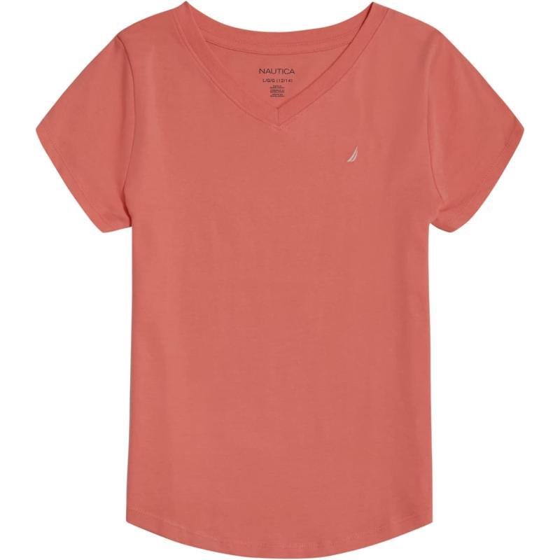 Nautica Girls Short Sleeve VNeck TShirt Solid Cotton Blend Tee with Tagless InteriorGeorgia Peach