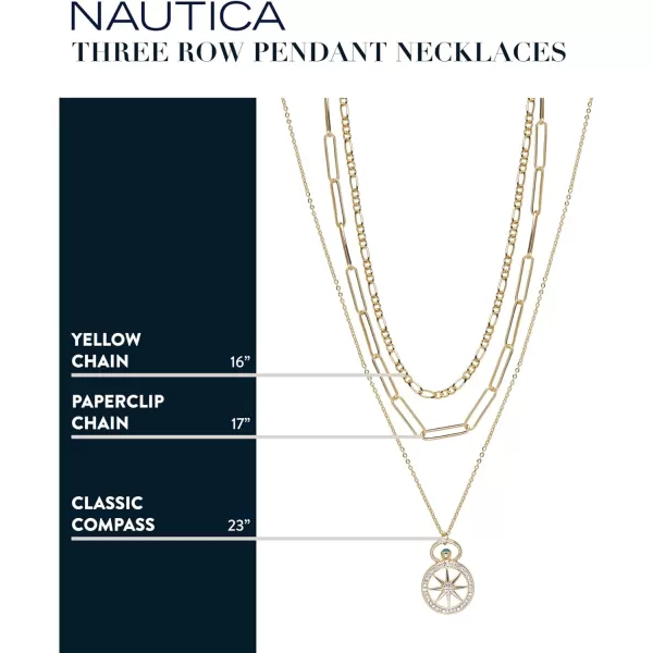 Nautica 14K Gold Plated Brass Necklace  Three Row Layered Pendant Chain Necklace for WomenCompass