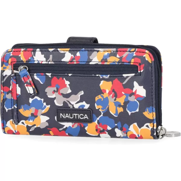 Nautica Be Shore Womens Wallet RFID Blocking Zip Around Clutch Black BuffFloating Floral Indigo