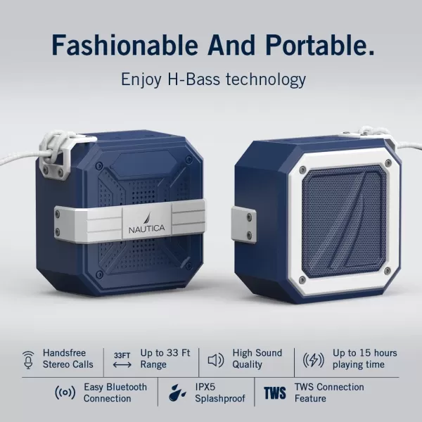 Nautica Bluetooth Portable Speaker Waterproof Wireless Speaker Outdoor Speaker Bluetooth Patio Speakers Loud Sound Clear Audio USB Drive 15Hour Playtime NavyWhiteNAVYWHITE