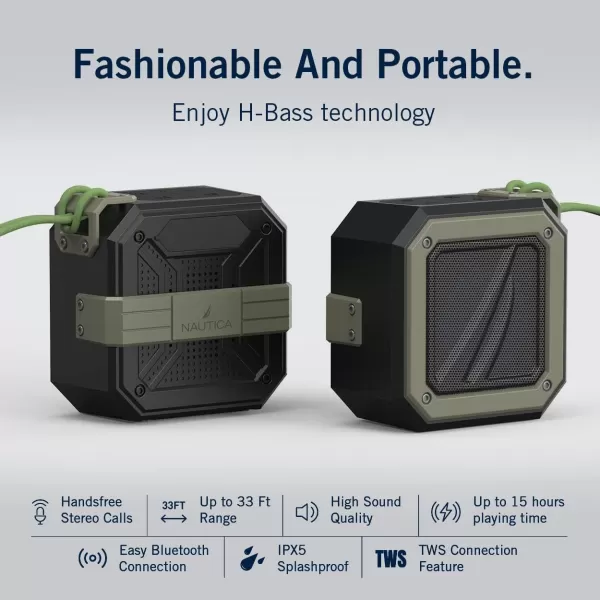 Nautica Bluetooth Portable Speaker Waterproof Wireless Speaker Outdoor Speaker Bluetooth Patio Speakers Loud Sound Clear Audio USB Drive 15Hour Playtime BlackKhakiBLACKKHAKI