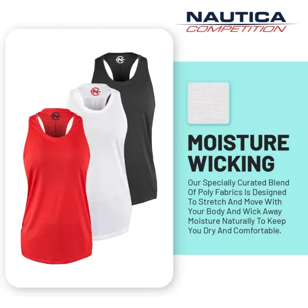 Nautica Competition 3 Pack Workout Tank Tops for Women Active Athletic Gym Workout Running Exercise Yoga DryFit FabricBlack Red White