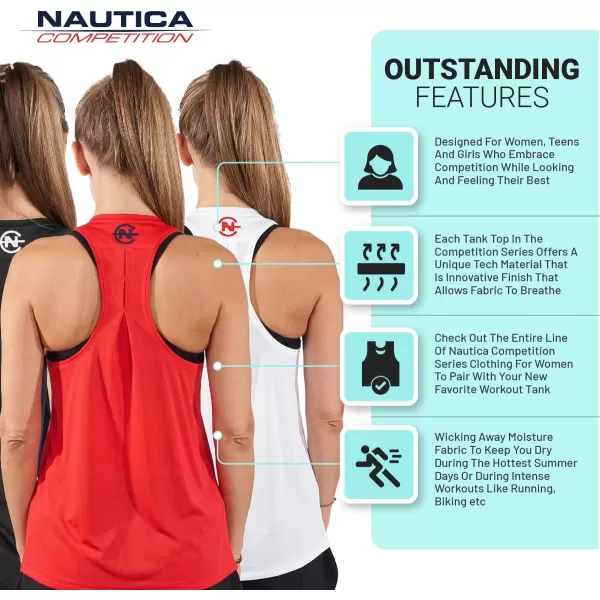 Nautica Competition 3 Pack Workout Tank Tops for Women Active Athletic Gym Workout Running Exercise Yoga DryFit FabricBlack Red White