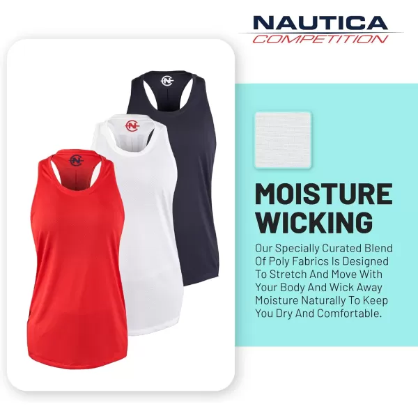 Nautica Competition 3 Pack Workout Tank Tops for Women Active Athletic Gym Workout Running Exercise Yoga DryFit FabricNavy Red White