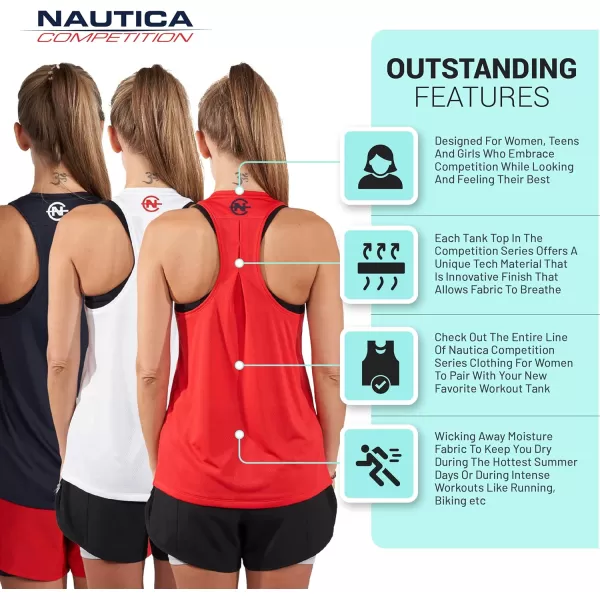 Nautica Competition 3 Pack Workout Tank Tops for Women Active Athletic Gym Workout Running Exercise Yoga DryFit FabricNavy Red White