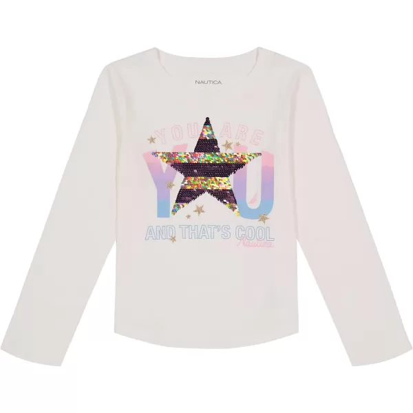 Nautica Girls Long Sleeve Graphic TShirt Flip Sequin and Glitter EmbellishmentsBright White Star