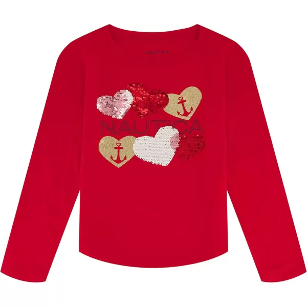 Nautica Girls Long Sleeve Graphic TShirt Flip Sequin and Glitter EmbellishmentsRed Heart Anchor
