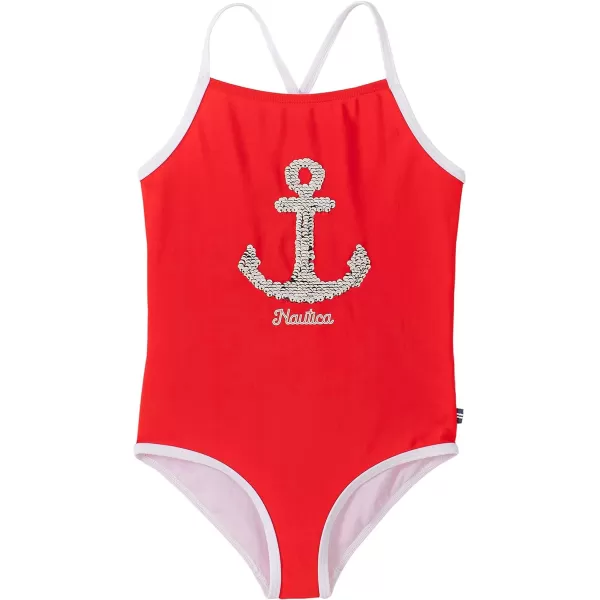 Nautica Girls OnePiece Swimsuit with UPF 50 Sun Protection Quick Drying Bathing SuitFiery Red Anchor