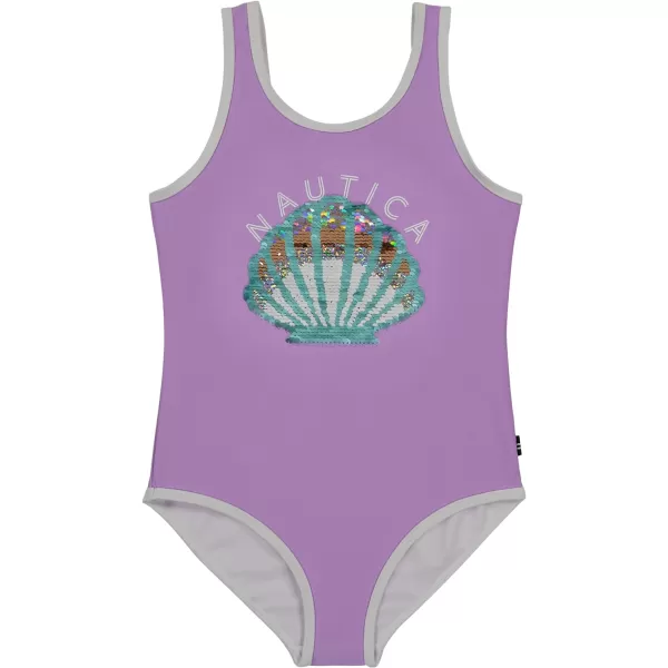Nautica Girls OnePiece Swimsuit with UPF 50 Sun Protection Quick Drying Bathing SuitLavendula Seashell Sequin