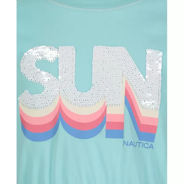 Nautica Girls Short Sleeve Jersey Tee Dress with Elastic Cinched Waist Fun Designs  ColorsBlue Tint