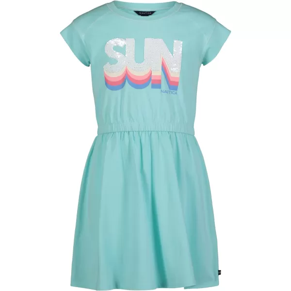 Nautica Girls Short Sleeve Jersey Tee Dress with Elastic Cinched Waist Fun Designs  ColorsBlue Tint