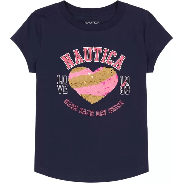 Nautica Girls Short Sleeve TShirt with Flip Sequin Design Cotton Tee with Tagless InteriorPeacoat Heart Shine