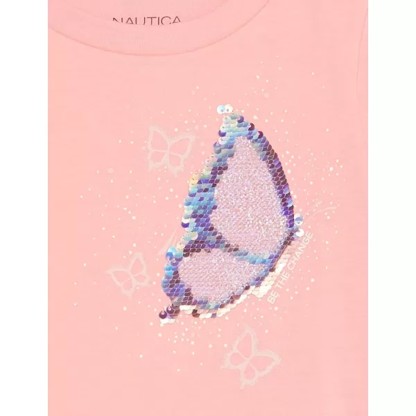 Nautica Girls Short Sleeve TShirt with Flip Sequin Design Cotton Tee with Tagless InteriorPink Butterfly Sequin