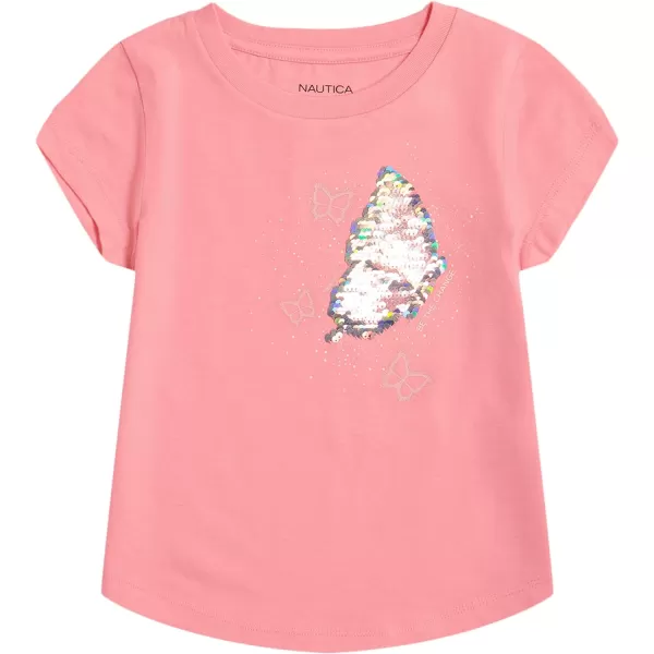 Nautica Girls Short Sleeve TShirt with Flip Sequin Design Cotton Tee with Tagless InteriorPink Butterfly Sequin