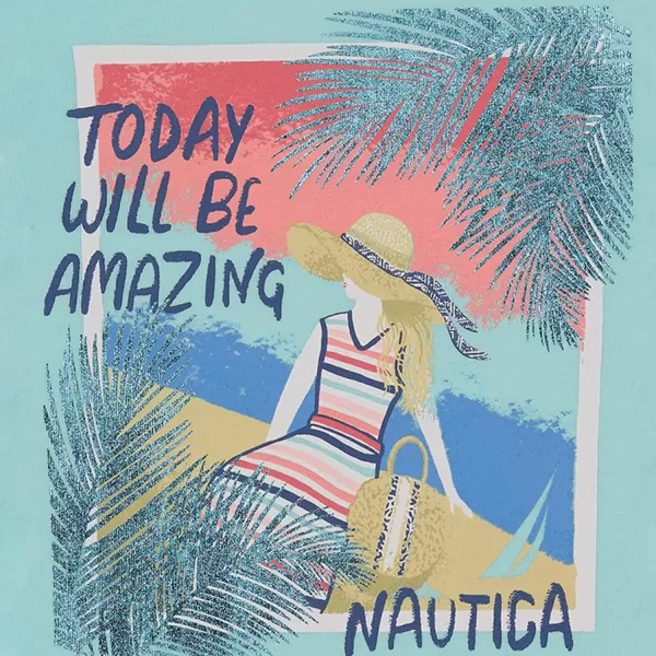 Nautica Girls Short Sleeve TShirt with Fun Graphic Design Cotton Tee with Tagless InteriorBlue Beach Escape