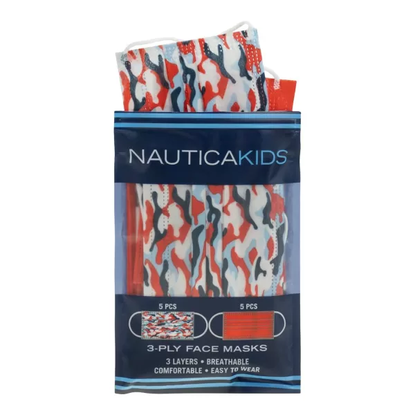 Nautica Kids 3Ply Disposable Face Masks Starry EyedCoral Solid Travel Pack 10 MasksCamo AmericanaRed Solid