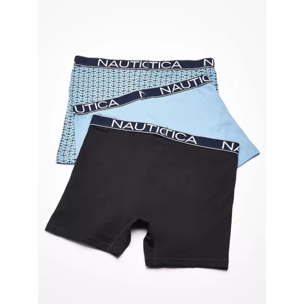 Nautica Mens 3 Pack Cotton Stretch Boxer BriefBlackAero BlueAnchor Printaero Blue
