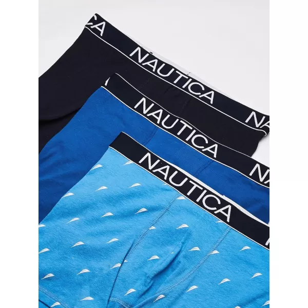Nautica Mens 3 Pack Cotton Stretch Boxer BriefPeacoatSea CobaltSail Printaero Blue