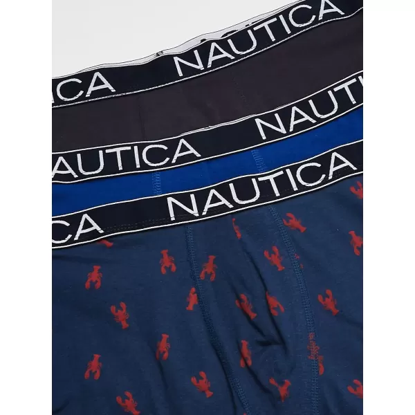 Nautica Mens 3 Pack Cotton Stretch Boxer BriefSea CobaltPeacoatLobster Print Blue