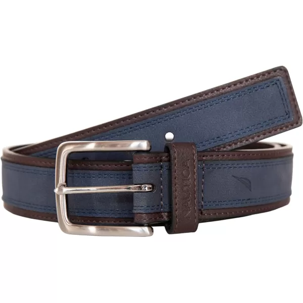 Nautica Mens Casual Padded Leather Belt with Signature OrnamentCasual Overlay  Navy