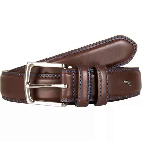 Nautica Mens Casual Padded Leather Belt with Signature OrnamentDouble Keeper  Brown