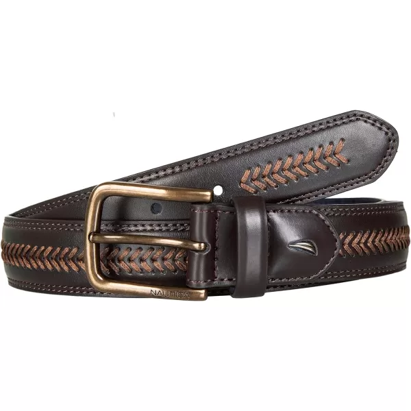 Nautica Mens Casual Padded Leather Belt with Signature OrnamentLeather Laced  Brown