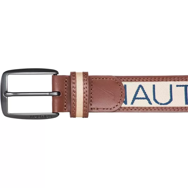 Nautica Mens Casual Padded Leather Belt with Signature OrnamentSignature Logo Ribbon  Beige