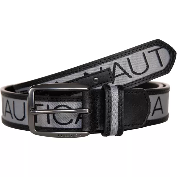 Nautica Mens Casual Padded Leather Belt with Signature OrnamentSignature Logo Ribbon  Grey