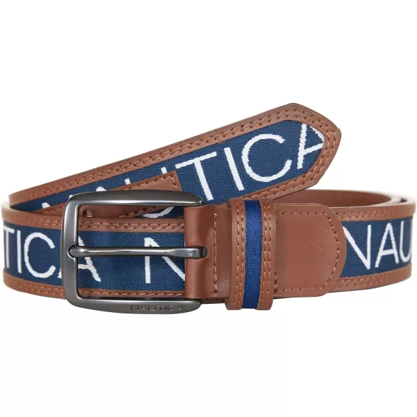 Nautica Mens Casual Padded Leather Belt with Signature OrnamentSignature Logo Ribbon  Navy