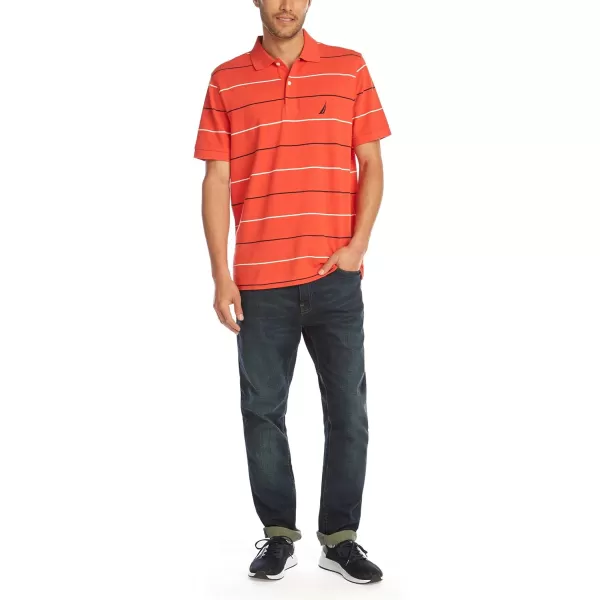 Nautica Mens Classic Fit Short Sleeve 100 Cotton Pique Stripe Polo ShirtOrange Poppy