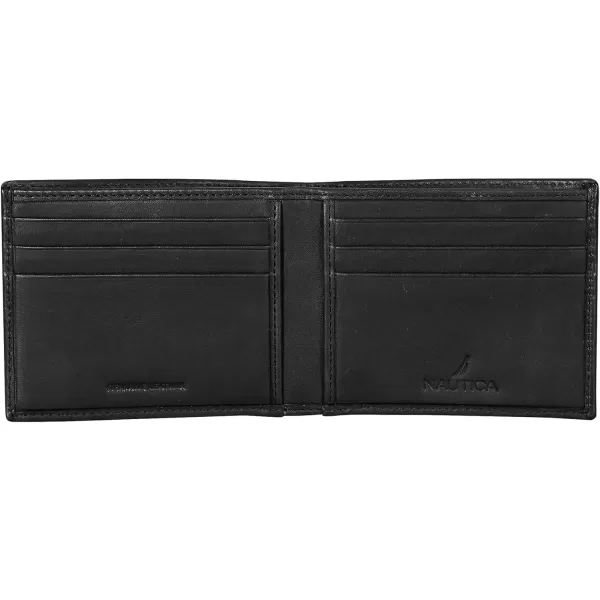 Nautica Mens Classic Leather Bifold RFID Wallet Available in Smooth or Pebble GrainEnameled Logo  Black