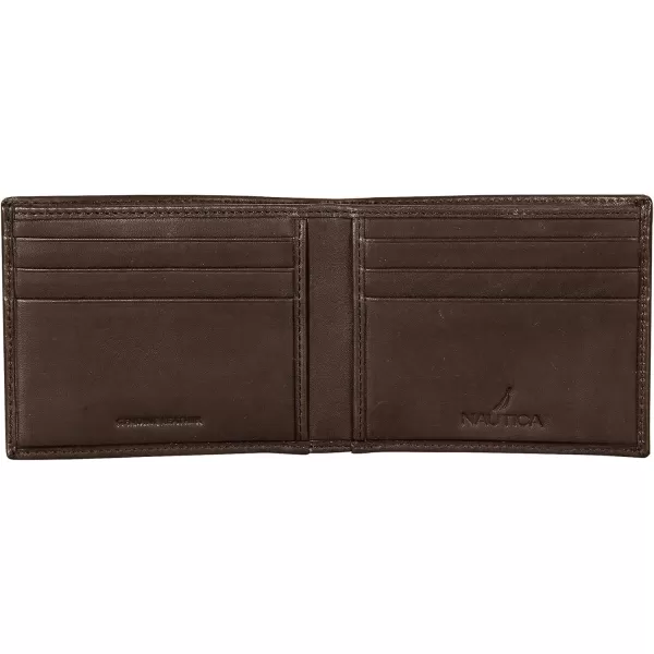 Nautica Mens Classic Leather Bifold RFID Wallet Available in Smooth or Pebble GrainEnameled Logo  Brown