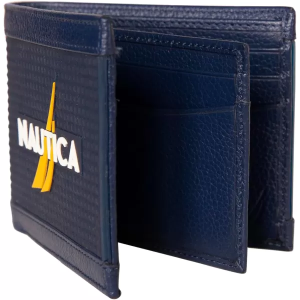 Nautica Mens Classic Leather Bifold RFID Wallet Available in Smooth or Pebble GrainRubberLeather  Navy