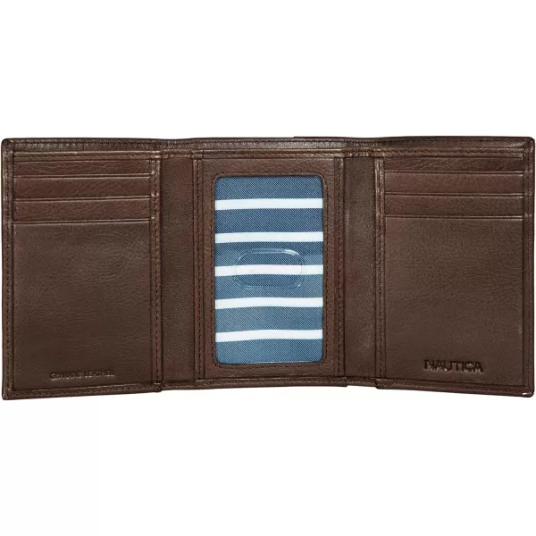 Nautica Mens Classic Leather Trifold RFID Wallet Available in Smooth or Pebble GrainEnameled Logo  Brown