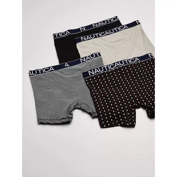 Nautica Mens Cotton Stretch 4 Pack Boxer BriefBlackHeather GreyStripe 2Anchor Print