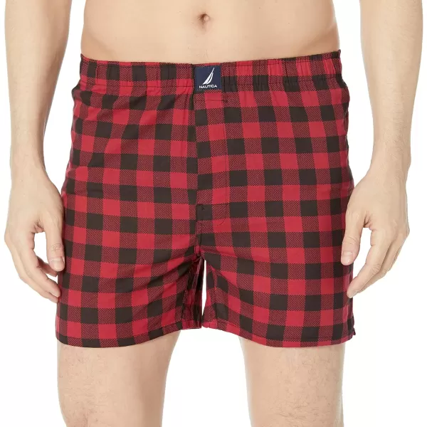 Nautica Mens Cotton Woven 3 Pack BoxerBlackSpruceBuffalo Checknautica Red