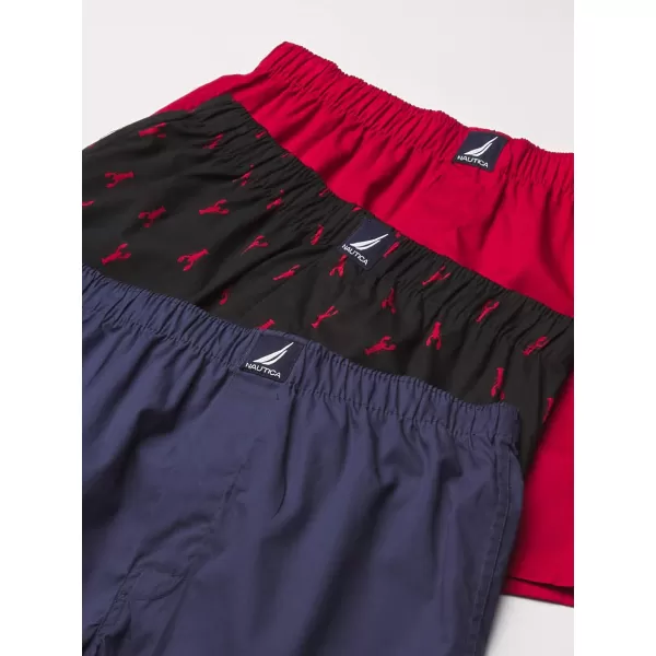 Nautica Mens Cotton Woven 3 Pack BoxerNautica RedPeacoatLobsterblack