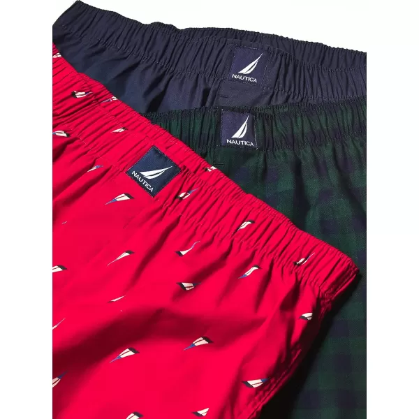 Nautica Mens Cotton Woven 3 Pack BoxerPeacoatBuffalo Checktidal GreenHoliday Sail Printred