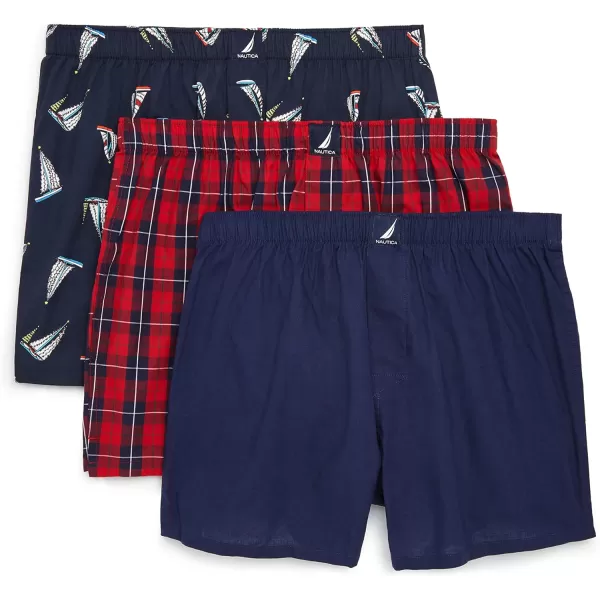 Nautica Mens Cotton Woven 3 Pack BoxerPeacoatWinter PlaidredHoliday Sailboatspeacoat