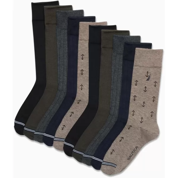 Nautica Mens Dress Socks  Patterned Crew Socks 10 PackBrownBlueBlack