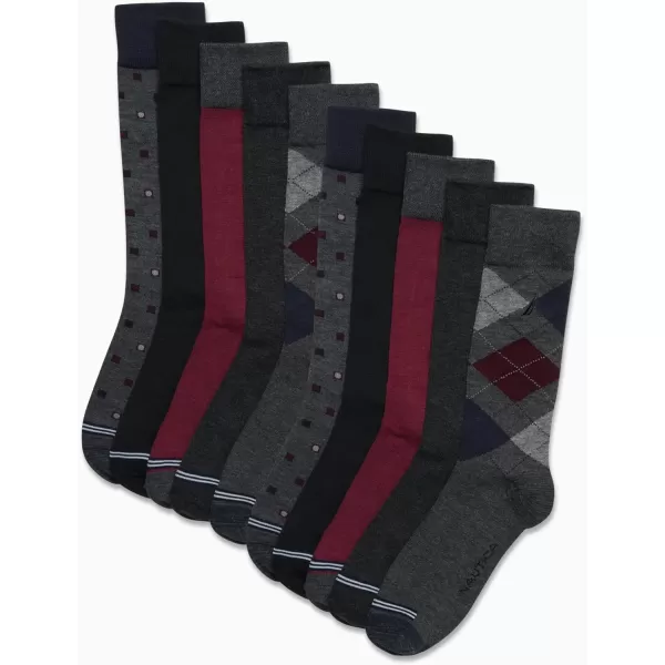 Nautica Mens Dress Socks  Patterned Crew Socks 10 PackDark Grey Heather