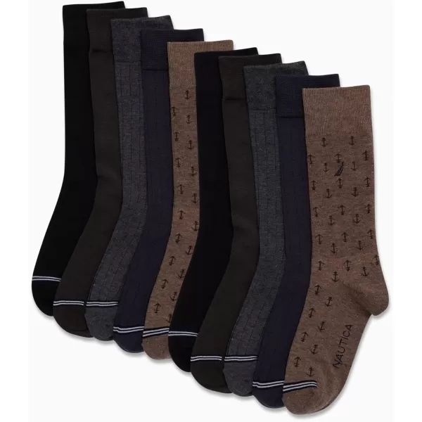 Nautica Mens Dress Socks  Patterned Crew Socks 10 PackKhakiNavyBlack