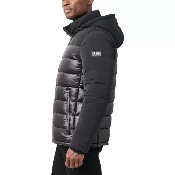 Nautica Mens Mixed Media Insulated Puffer Jacket with Fleece Bib Water and Wind ResistantBlack