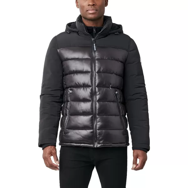 Nautica Mens Mixed Media Insulated Puffer Jacket with Fleece Bib Water and Wind ResistantBlack