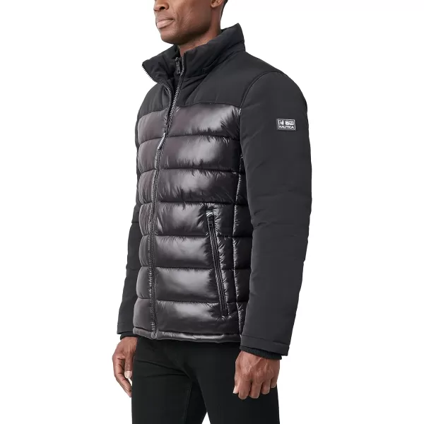 Nautica Mens Mixed Media Insulated Puffer Jacket with Fleece Bib Water and Wind ResistantBlack